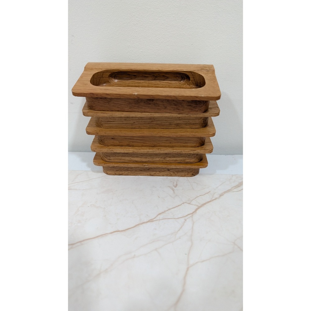 Vintage Solid Oak Recessed Drawer Pulls Set of 5 Mid Century Wood Handles 4x2.25 - Picture 5 of 6